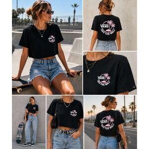 Vans Crop Top Womens M Black Pink Palm Tree Graphic Boxy Off The Wall Y2K Skater